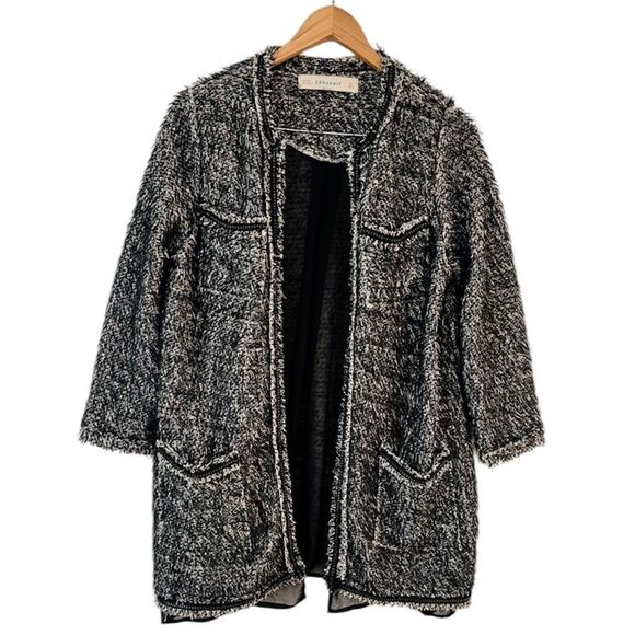 Zara Knit Black White Boucle Open Front Longline Cardigan Coat Jacket Sz L - Picture 2 of 10